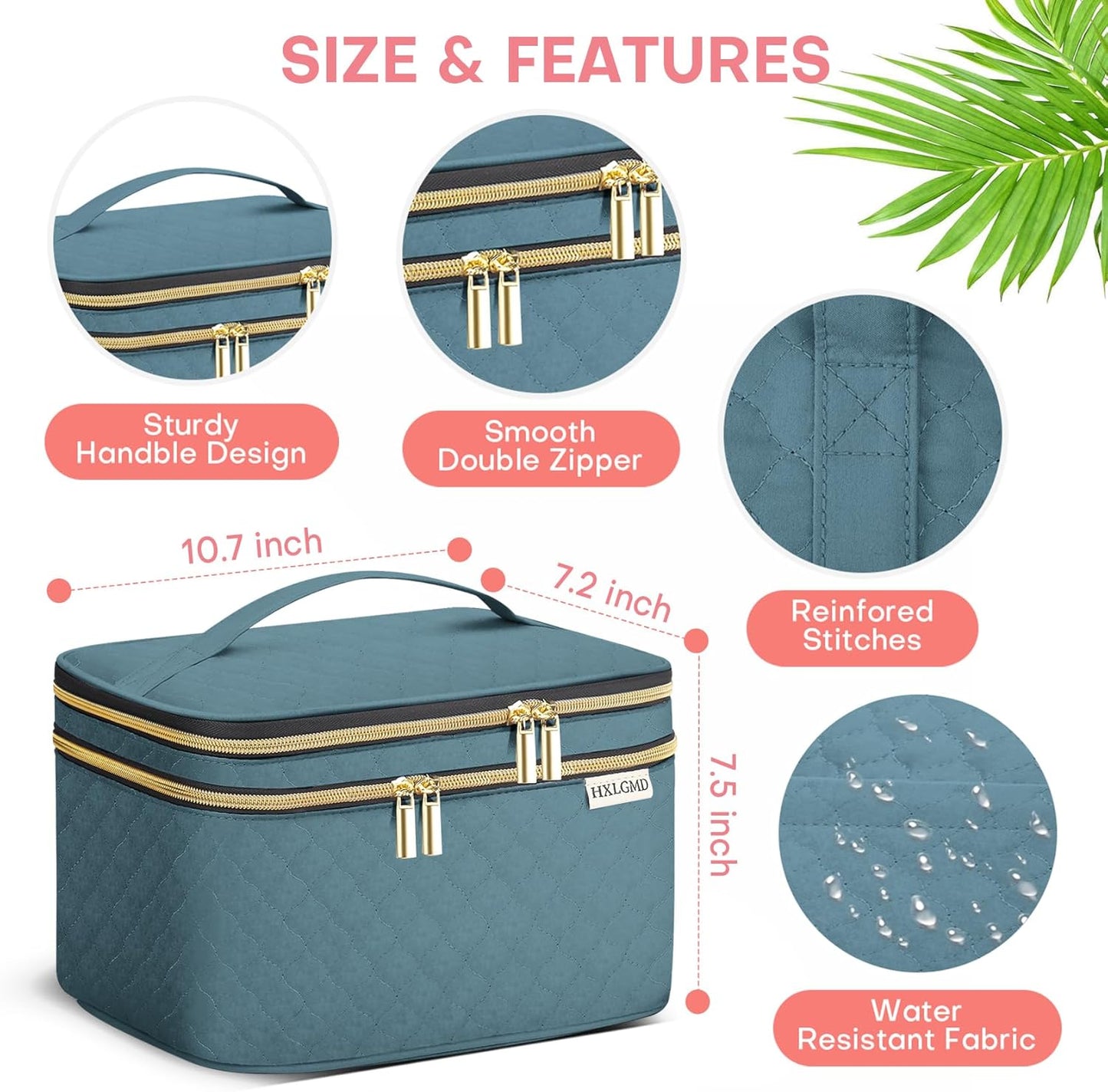 Large Makeup Bag with Mirror Double Layer Travel Make Up Organizer Case, Large Capacity Coemetic with Brush Slot Divider, Travel Toiletry Bag for Women (Lake Blue)