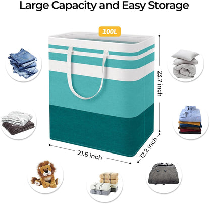 HomeHacks 2-Pack Large Laundry Basket, Waterproof, Freestanding Laundry Hamper, Collapsible Tall Clothes Hamper with Extended Handles for Clothes Toys in the Dorm and Family (Green, 100L)