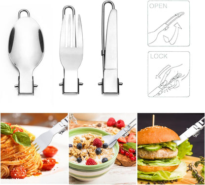 Odoland Camping Cookware Stove Carabiner Canister Stand Tripod and Stainless Steel Cup, Tank Bracket, Fork Spoon Kit for Backpacking, Outdoor Camping Hiking and Picnic