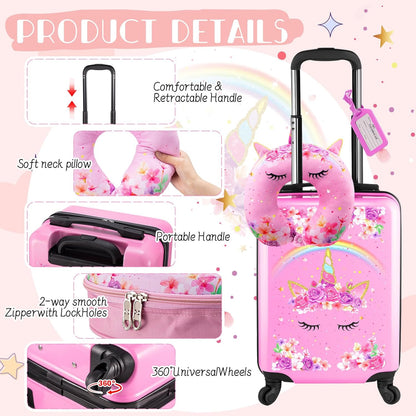 Sanwuta 4 Pcs Kids Luggage Set Kids Backpack Travel Rolling Suitcase with Wheels U-shape Pillow Childrens Gift for Girls Boys(17 Inch,Unicorn Rainbow Style,Pink)