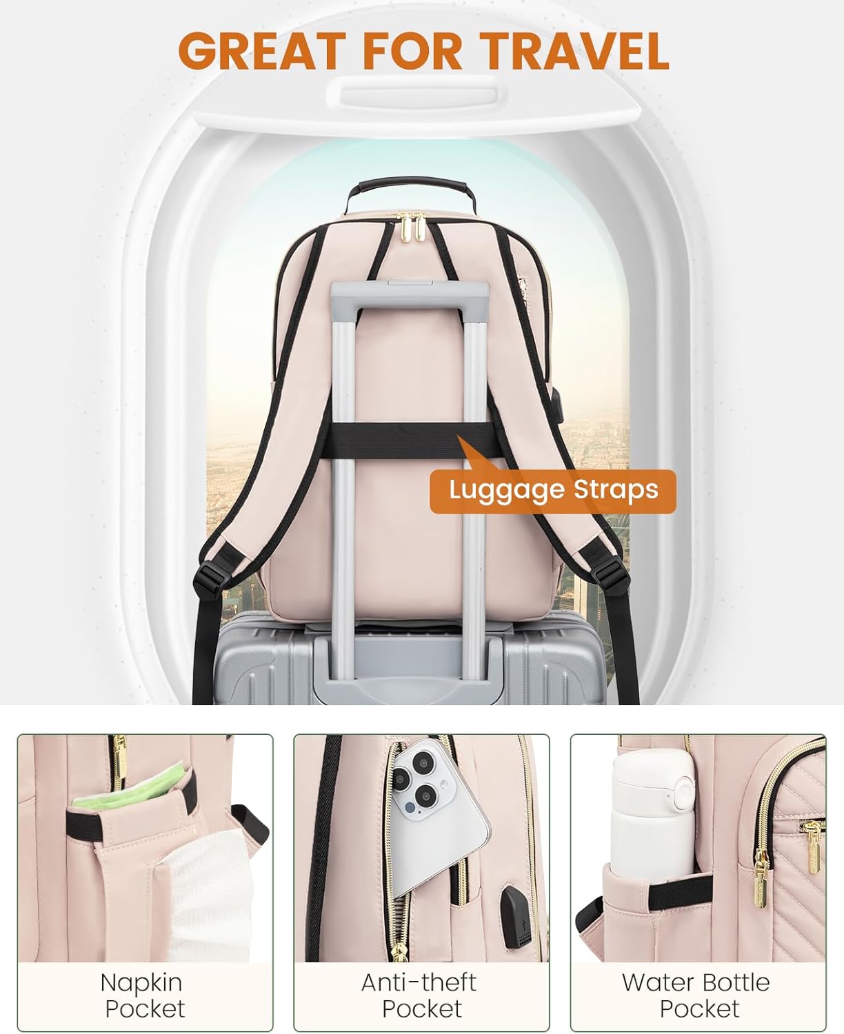 LOVEVOOK Laptop Backpack Purse for Women, Work Travel Computer Bags, College School Backpack for Student Girl, Quilted Casual Daypack with USB Port, Fit 15.6 Inch Laptop, Antiquewhite