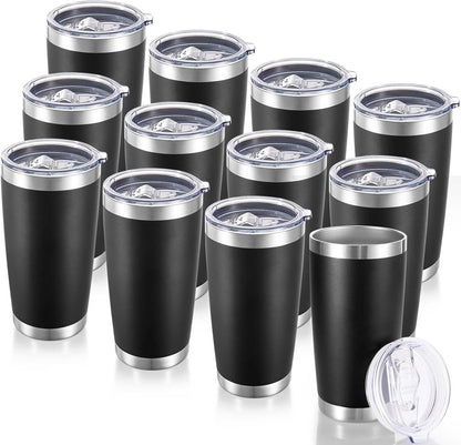 20 oz Tumblers Bulk Stainless Steel Tumbler with Lid Double Wall Vacuum Insulated Coffee Mug 20oz Powder Coated Cup for Hot and Cold Drinks, Black, 12 pack