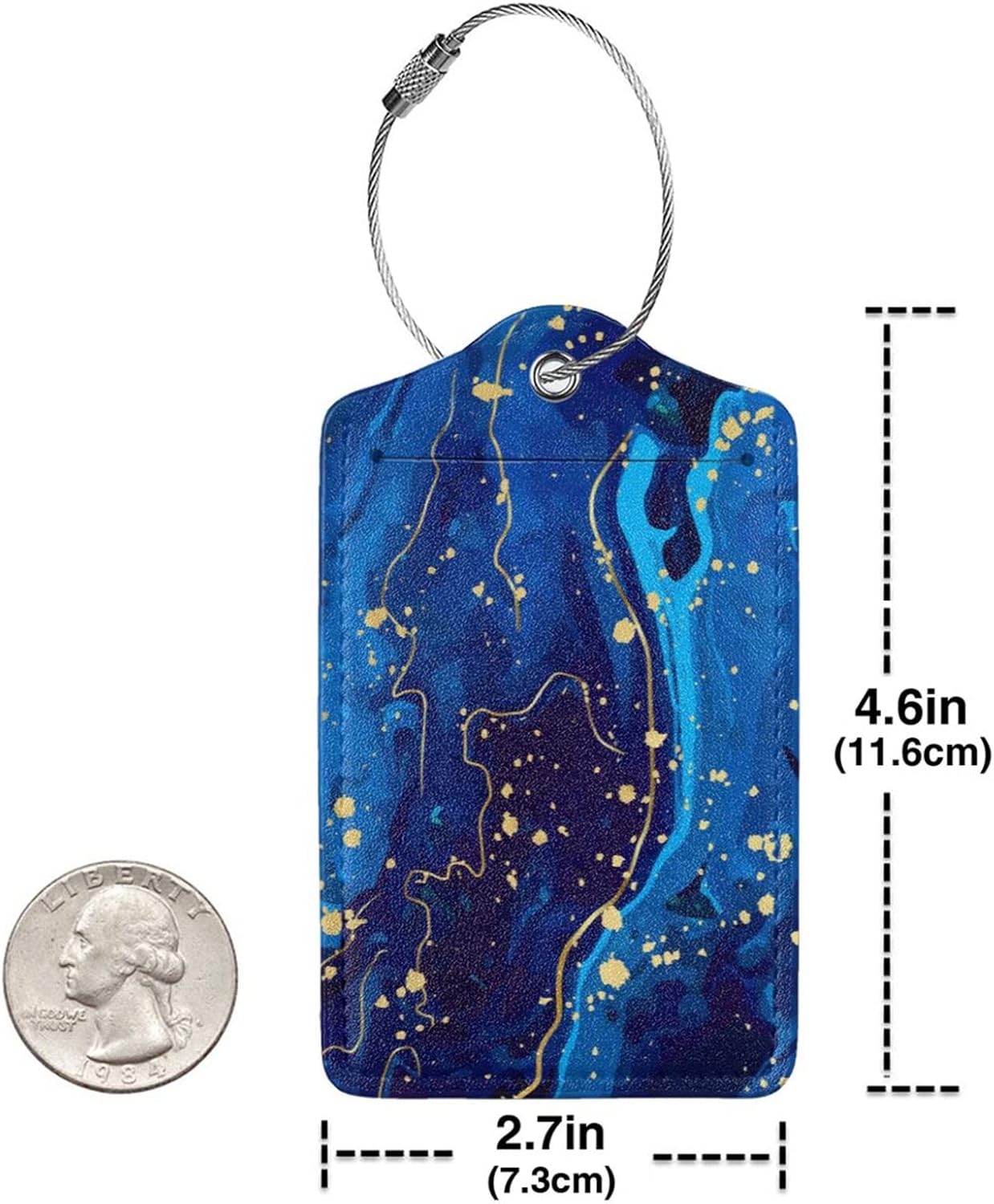 Blue and Gold Marble Luggage Tags with Full Back Privacy Cover Name ID Card Stainless Steel Loop Suitcase Labels Address Card PU Leather Baggage Tags Luggage for Women Men Travel