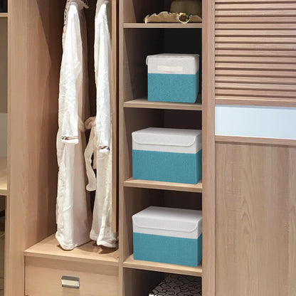 Large 22 Quart Linen Fabric Foldable Storage Bin Cube Organizer Basket with Flip-Top Lid & Handles, Clothes Blanket Box for Home, Office, Closet, Teal & White, 4 Pack 14.6 x 9.5 x 9.5
