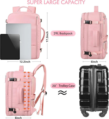 Beraliy Large Travel Backpack for Women, Personal Item Bag Airline Approved, Carry On Luggage, 17 inch Laptop Backpack, Waterproof Backpack, Hiking Backpack, Pink