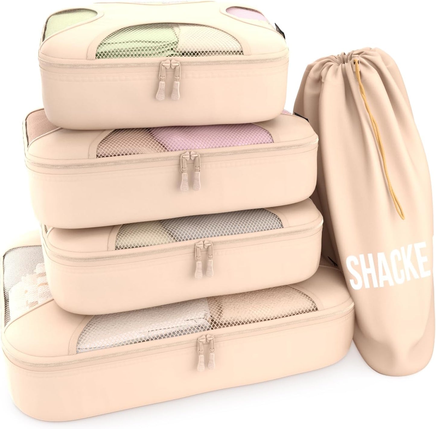 Shacke Premium 5 Packing Cubes Set - Lightweight Mesh Travel Luggage Organizers with Laundry Bag, 5-Piece Suitcase Storage System (Cream)