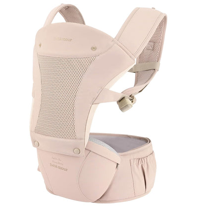 Bebamour Baby Carrier with Hip Seat,All-Position Breathable Mesh Hip Seat & Carrier 0-36Months with Head Hood, 3 PCS Teething Pads, Waist Extender,Storage Bag & Pacifier Case (Pink)