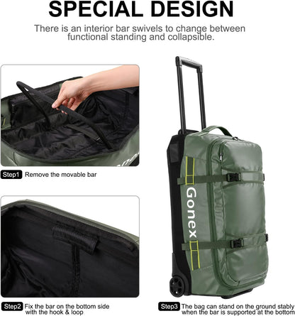 Gonex Rolling Duffle Bag with Wheels, 70L Water Repellent Wheeled Travel Duffel Luggage with Rollers 25 inch, Olive Green