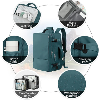 Hanples Women's Large 17.3 Inch Laptop Backpack, Peacock Blue, Waterproof, Suitable for Air Travel