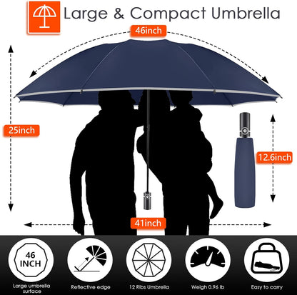 Bodyguard Inverted Umbrella - Large Windproof for Rain & Sun, Compact Reverse With Reflective Stripe, Teflon-Coated for Women Men, Travel Folding With Cover Bag