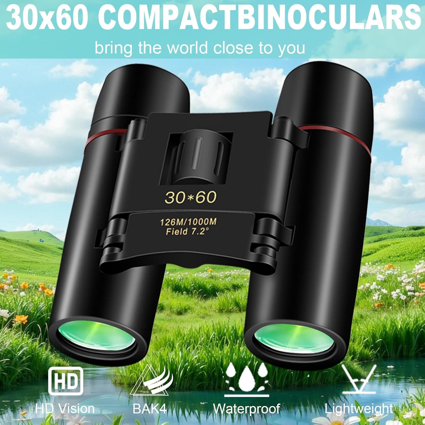 30x60 Binoculars for Adults and Kids,BAK4 Prism Waterproof Lightweight Foldable Easy Focus Small Compact Binoculars for Bird Watching, Hunting,Concerts,Travel,Hiking