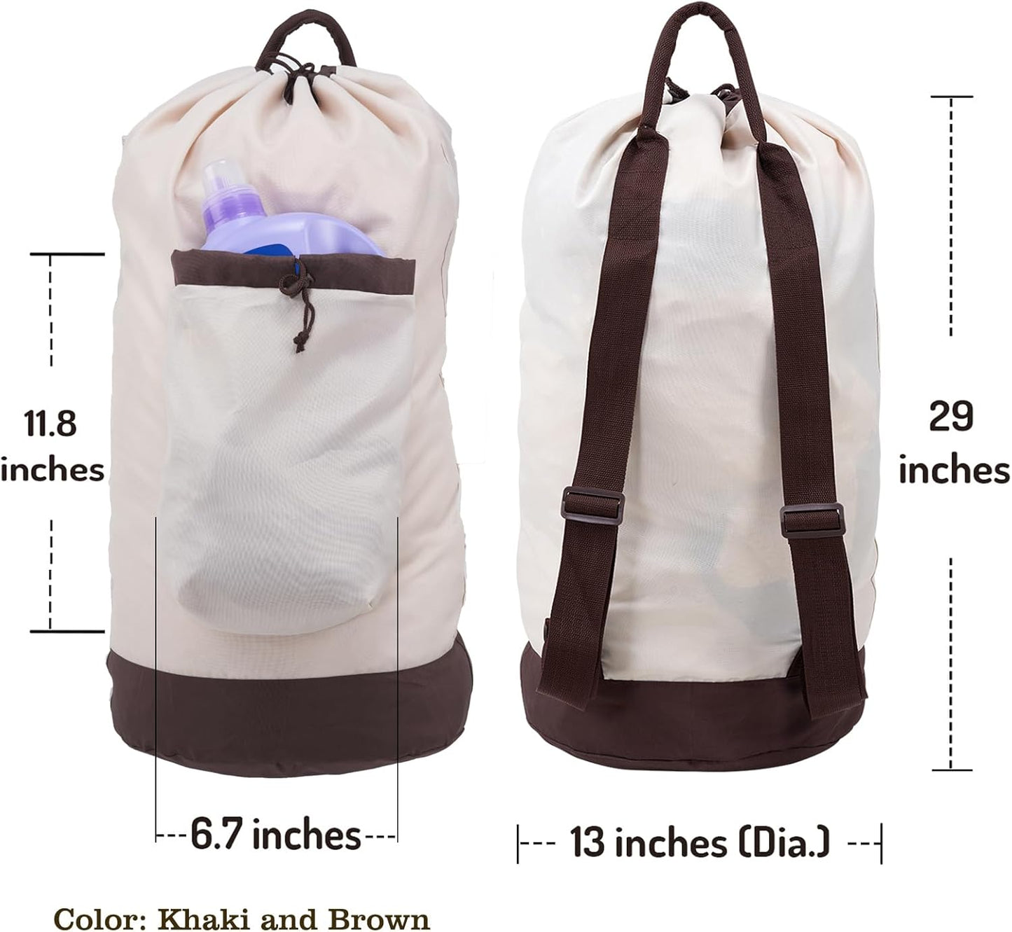 Laundry Bag Backpack with Shoulder Straps and Detergent Holder Clothes, Travel Laundry Backpack Bag Hamper for College Dorm Room (Khaki w Brown)