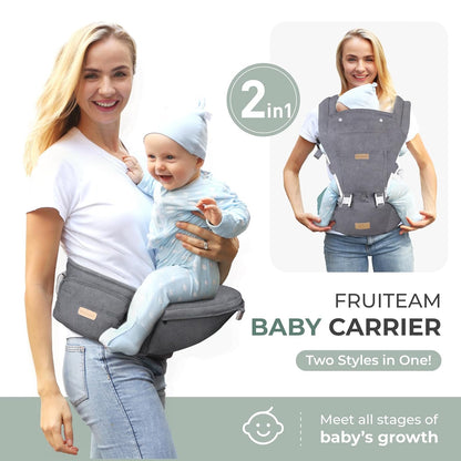 FRUITEAM Baby Carrier with Hip Seat for Breastfeeding, One Size Fits All - 6-in-1 Adjustable Toddler Carrier with Lumbar Support, All Seasons, Adapt to Newborn, Infant & Toddler (Greyish)