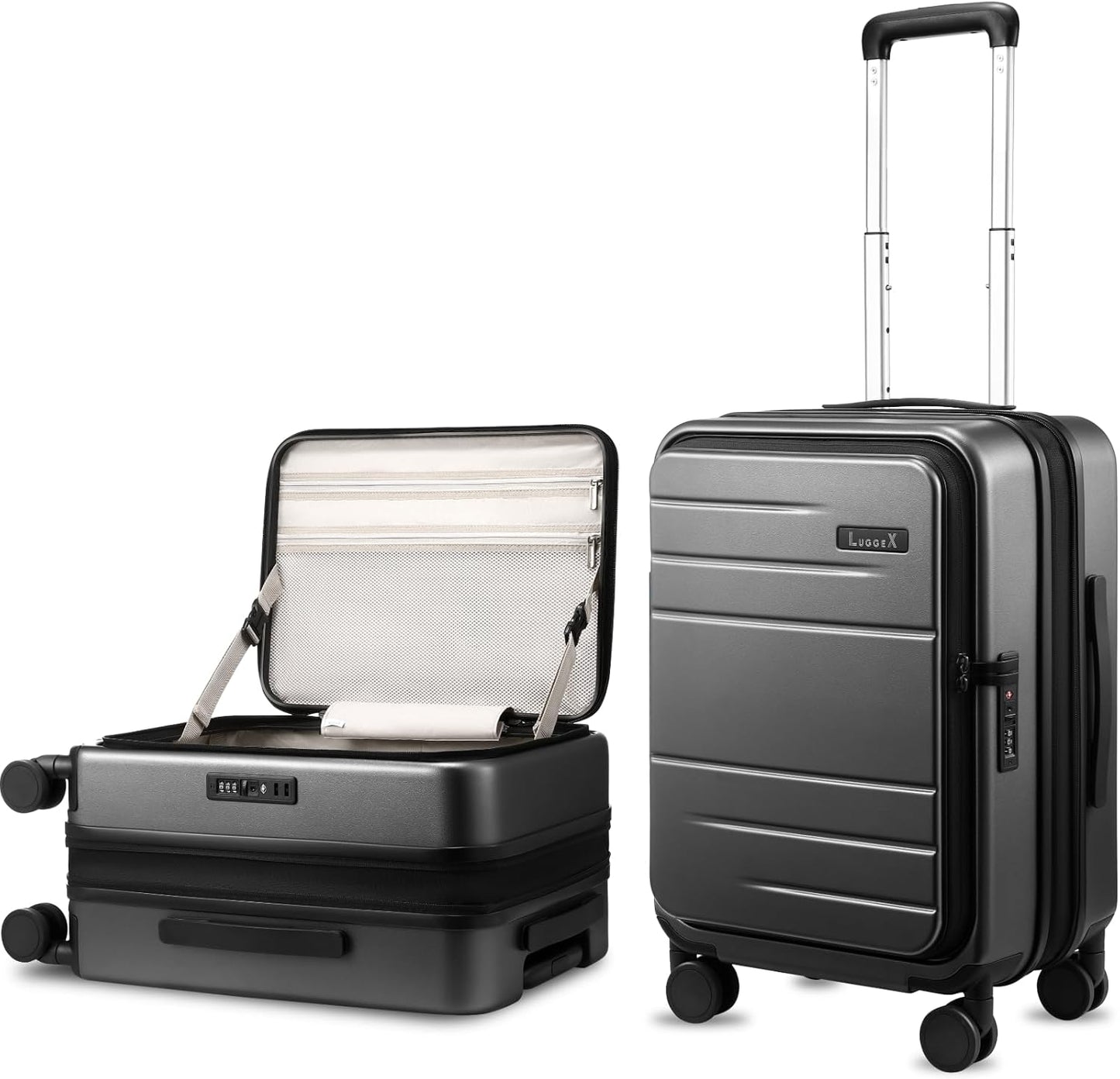 Carry On Luggage Top Opening, FLT Expandable Polycarbonate Hard Shell Suitcase with Wheels (FLO-Lite, Charcoal Metallic, 20 Inch, 38L-43L)