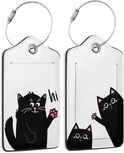 2 Pack Luggage Tag for Suitcase, Funny Black Cat Leather Bag Tags Identifiers Privacy Cover ID Label with Durable Steel Loop for Women Men Kids Girls Travel