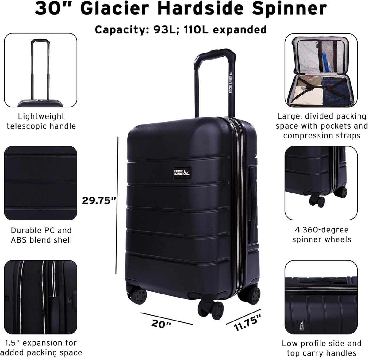 Eddie Bauer Glacier Carry-On 22" Luggage | Hardside | Spinner Wheels | Expandable | Lightweight | Travel Essentials - Storm Blue