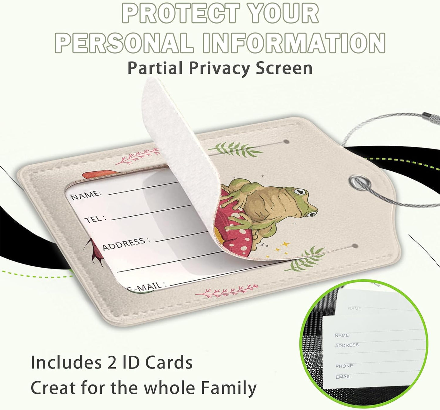 2 Pack Luggage Tags for Suitcase,Frog Sitting On Mushroom Leather Luggage Tag Bag Tags Identifiers Privacy Cover Id Label with Steel Loop for Women Men Girls Boys Travel