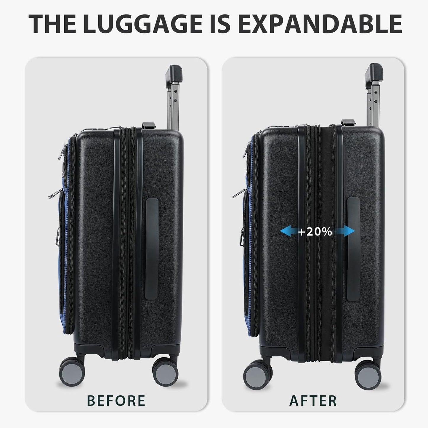 KROSER Hardside Expandable Carry On Luggage 22x14x9 Airline Approved With Front Business Pockets, 20 Inch Suitcases with Wheels, Carry on Suitcase with TSA Lock & USB Port, Black-Haze Blue