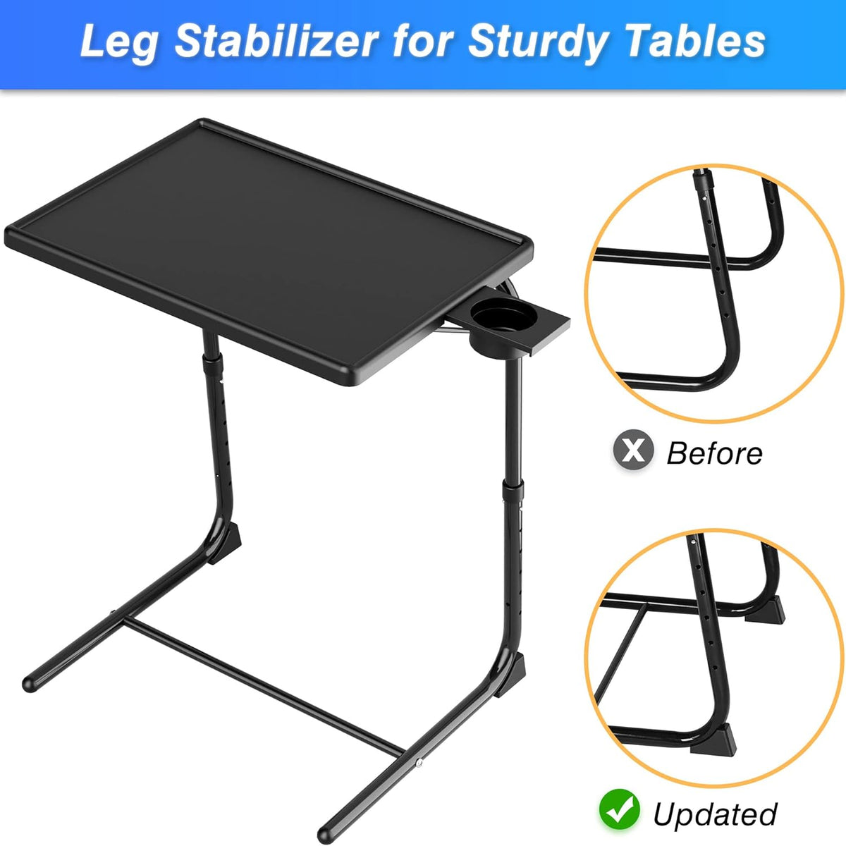 Allpop TV Tray Table, TV Dinner Tray for Eating Set of 2, Adjustable Folding Laptop Table with 6 Heights & 3 Tilt Angles, Cup Holder on Couch & Bed, Black