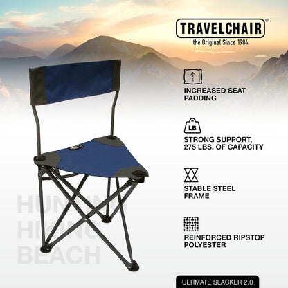 Travel Chair Ultimate Slacker, Quick Folding Tripod Stool with Backrest, Fishing Camping Hiking Chair with Carry Strap, Polyester, Blue