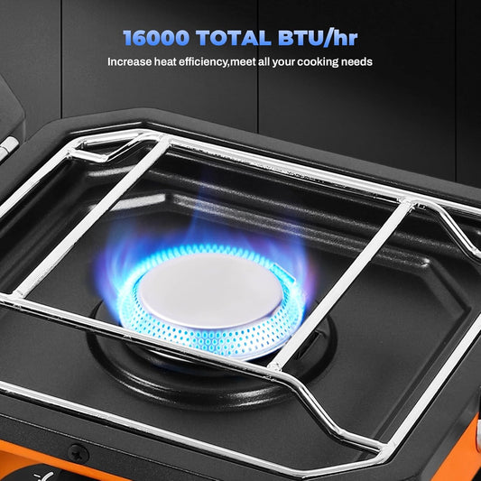 Adjustable 2-Burner Portable Stove with 16000 BTU, with Camping Grill and Carrying Bag, Portable Propane Camp Stove with 2 Burners & Piezo Ignition for Camping, Backyard BBQ,Tailgating (Orange)