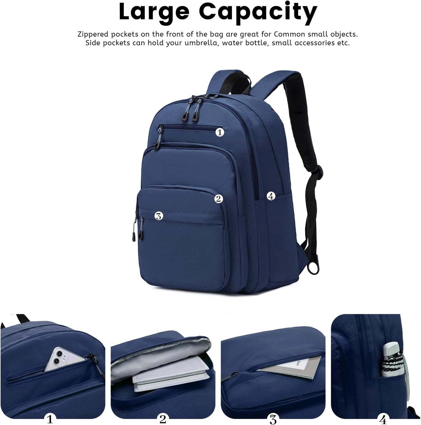 Lanola Basic Multi-Pocket Multipurpose Backpack Classical Water Resistant Bookbag For School Business Travel or Casual Daypack Backpacks - Dark Blue