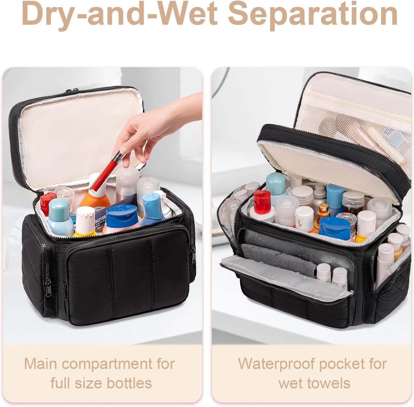 LEDAOU Toiletry Bag for Women,Quilted Travel Makeup Bag Organizer with Double Deck, Large Wide-open Cosmetic Make up Bag for Travel Essentials (Black Puffy)