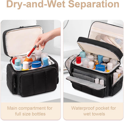 LEDAOU Toiletry Bag for Women,Quilted Travel Makeup Bag Organizer with Double Deck, Large Wide-open Cosmetic Make up Bag for Travel Essentials (Black Puffy)