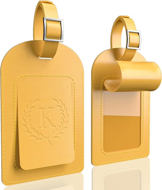 FESAS 3 Pack A-Z Alphabet Luggage Tags - Faux Leather Suitcase Tags with Privacy Cover & Replaceable Card - Initial Letter Monogram for Bags (Yellow)