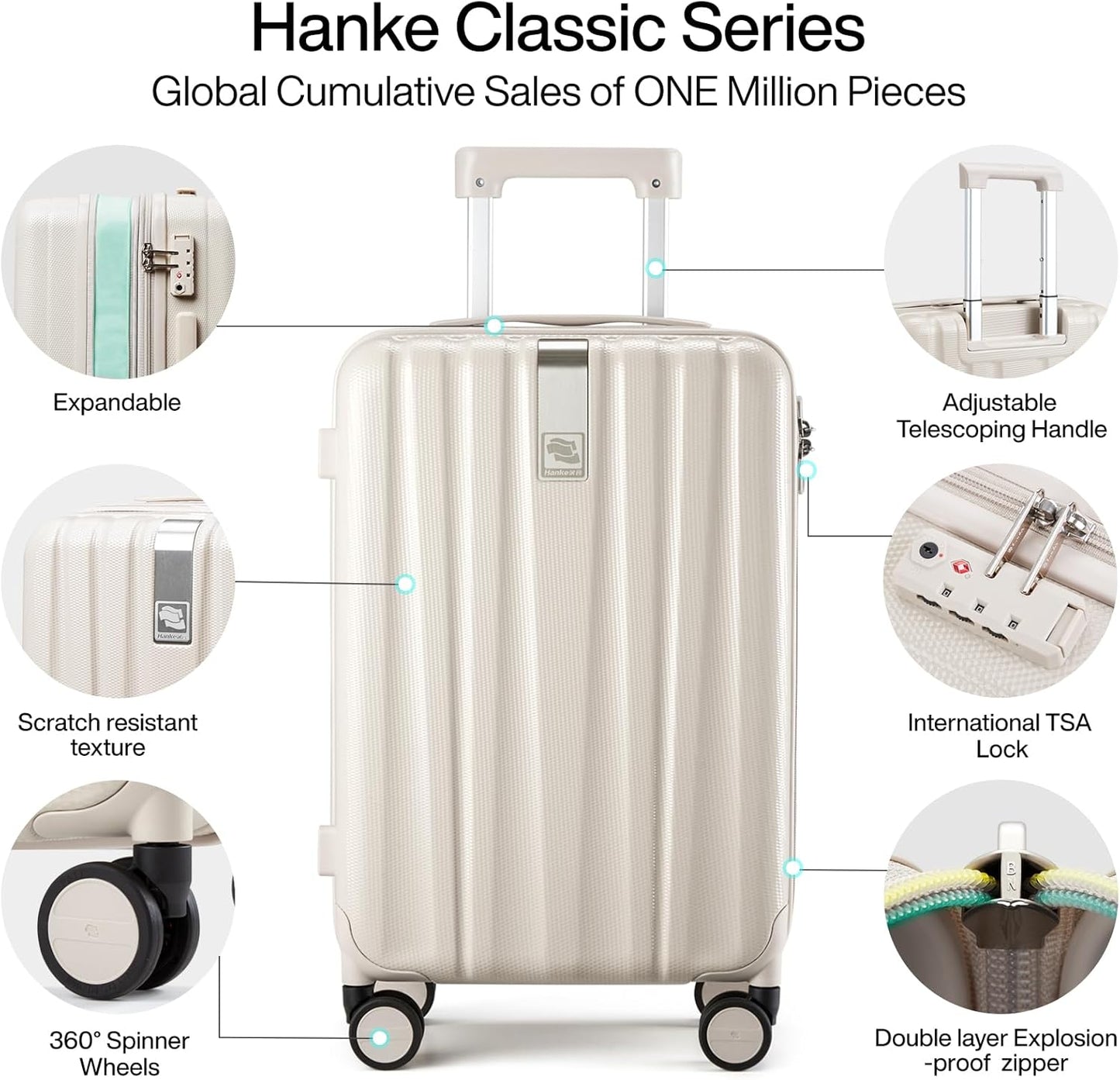 Hanke 24 Inch Expandable Checked Luggage Lightweight PC Hard Case luggage Suitcases with Wheels Travel Luggage Rolling Large Suitcase Travel Luggage Bag for Go To University.(Ivory White)
