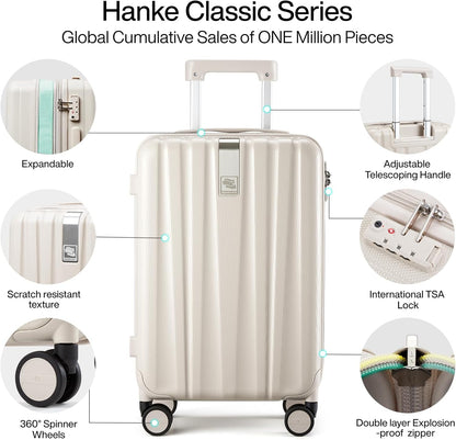 Hanke 20 Inch Expandable Carry on Luggage 22x14x9 Airline Approved Lightweight PC Hard Shell Suitcases with Wheels Travel Luggage Rolling Suitcase Travel Luggage Bag for Weekender(Ivory White)