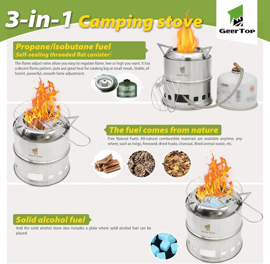 GEERTOP Portable Small Camping Stove with Fuel Canister Adapter Isobutane Ultralight Mini Stainless Steel Wood Burning Backpacking Stove Kit for Outdoor Hiking Emergency Cooking