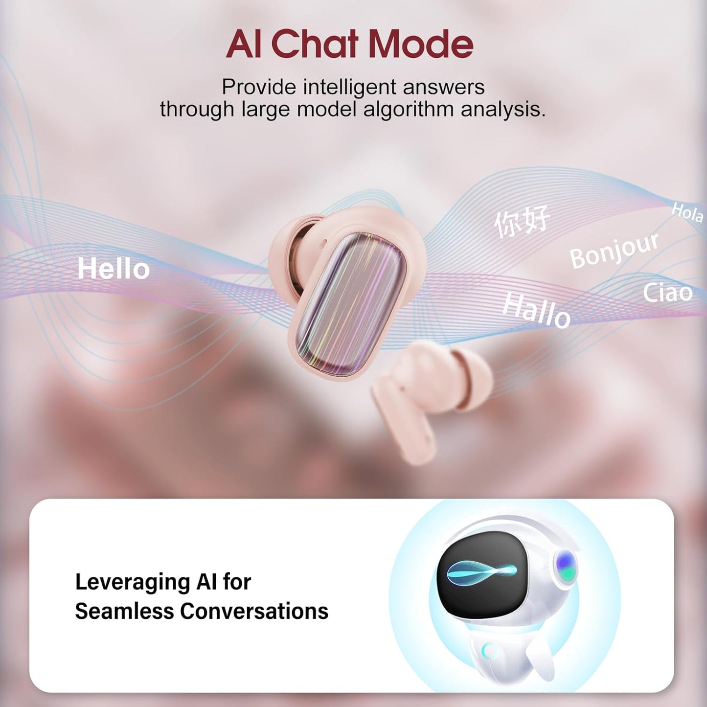 AI Language Translator Earbuds Real Time, 164 Language/6 Translation Modes Translator Earbuds 3-in-1 Translation Headphones, Bluetooth 5.4 Translation Device for Travel Business Learning, Rose Gold