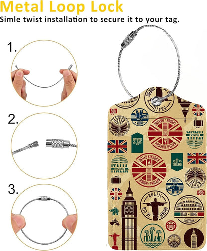 Travel Icons 2 Pack Luggage Tag for Suitcase, Cute Unique Leather Bag Tags Identifiers Privacy Cover ID Label with Steel Loop for Women Men Kids Girls Travel