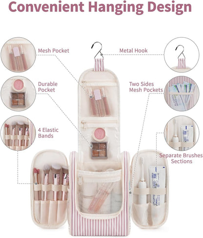 Narwey Small Striped Hanging Travel Toiletry Bag for Women, Travel Bag for Toiletries, Makeup Bag Organizer Cosmetic Bags Make Up Bags for Women (Dusty Rose Stripe)