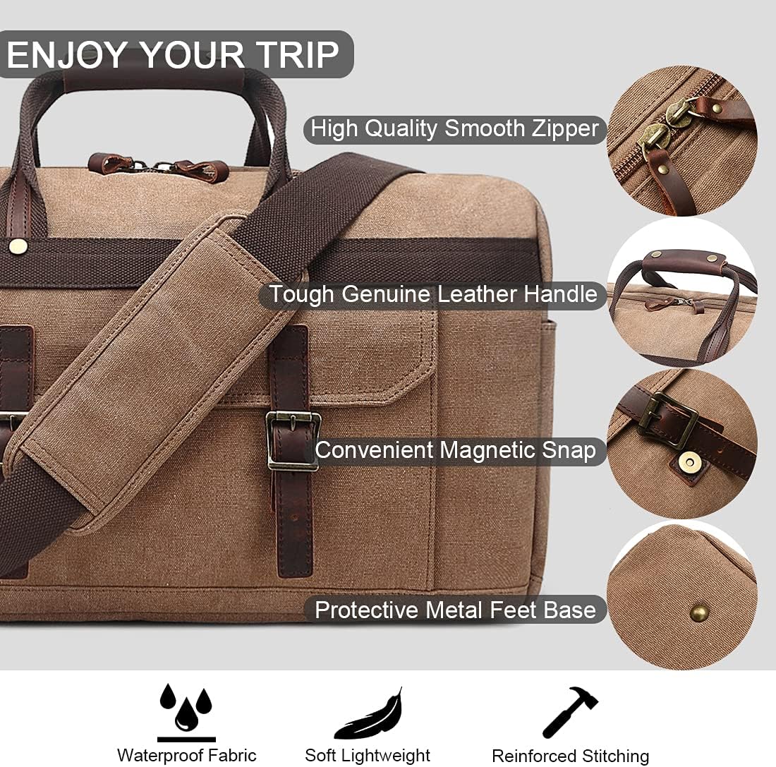 Duffle Bag for Men Waterproof Genuine Leather Canvas Travel Duffel Bags for Women Overnight Weekender Bag for Traveling