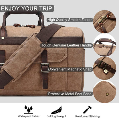 Duffle Bag for Men Waterproof Genuine Leather Canvas Travel Duffel Bags for Women Overnight Weekender Bag for Traveling