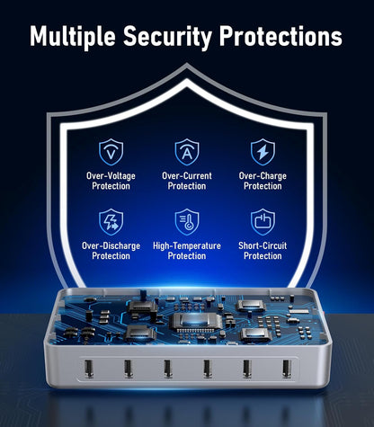 CREATIVE DESIGN 6 Port Charging Station for Multiple Devices,50W Multi Phone Charging Station with 6 Cables, Multiple USB Charger Station Designed for Cellphone iPad iPhone Tablet (Silver)