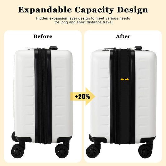 16 Inch Carry On Luggage Airline Approved, Expandable Lightweight ABS+PC Hard Shell Suitcases with 360° Spinner Wheels, TSA Lock, YKK Zippers (White, 1 PC)