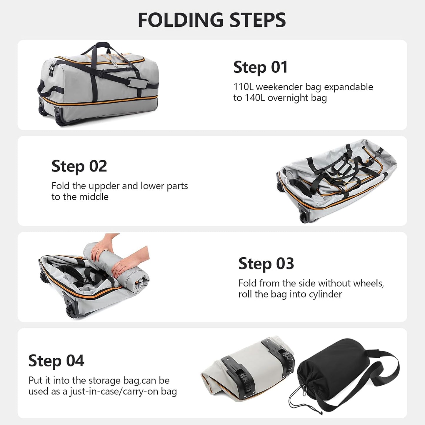 CONTAIL 32" Soft-Sided Rolling Duffle Bag with 2 Wheels,Expandable from 110L to 140L, Foldable Travel Duffel with Multiple Compartments,Grey