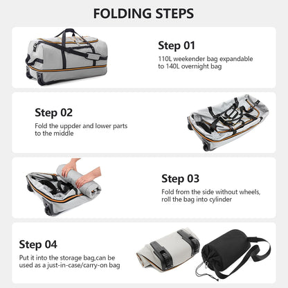 CONTAIL 32" Soft-Sided Rolling Duffle Bag with 2 Wheels,Expandable from 110L to 140L, Foldable Travel Duffel with Multiple Compartments,Grey