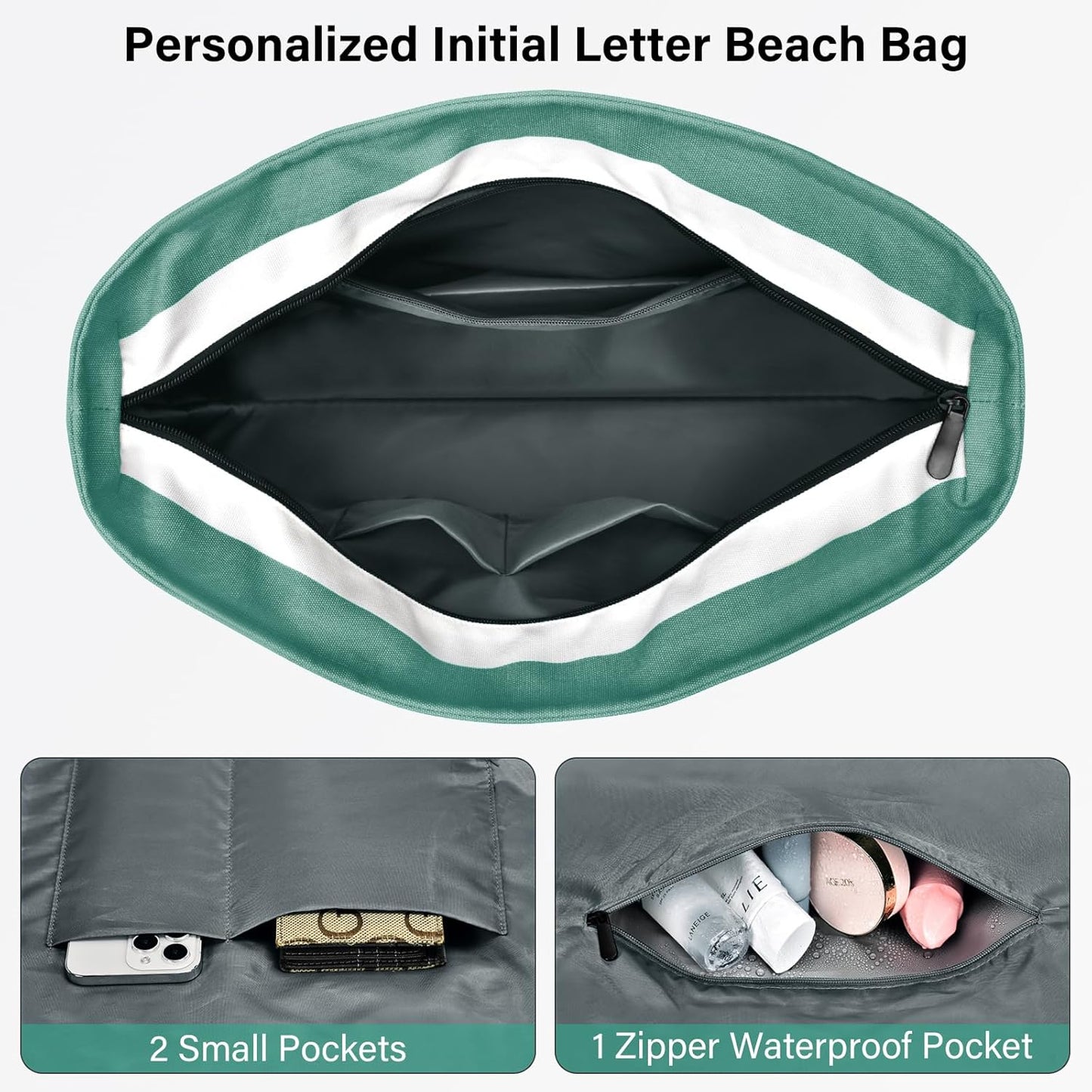 Becokan Beach Bag Initial Beach Tote with Makeup Bag for Travel Work Storage Personalized Birthday Gifts for Women Her