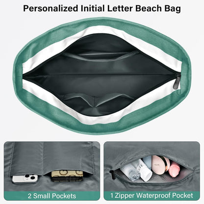 Becokan Beach Bag Initial Beach Tote with Makeup Bag for Travel Work Storage Personalized Birthday Gifts for Women Her