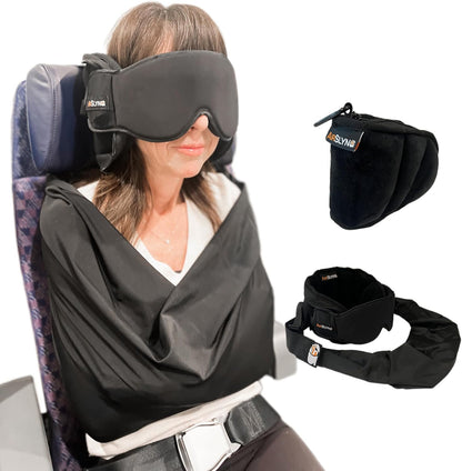 3-in-1 Airplane Sleep Support System - Integrated Plane Sleeping Accessories with Memory Foam Long Haul Flight Pillow, Adjustable Travel Eye Mask, and Blanket-Like Body Sling - Fits in Carry On