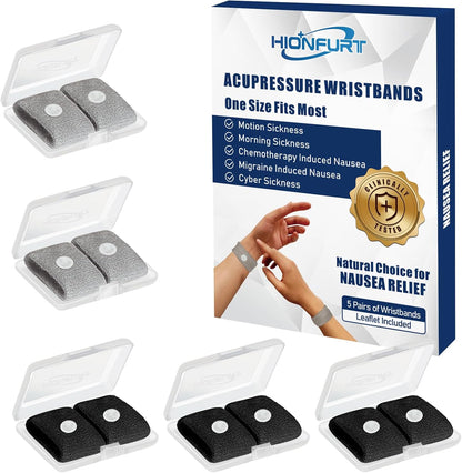 Motion Sickness Bands Anti Nausea Wristband for Adult and Kids Morning Sickness Relief for Pregnant Women Acupressure Nausea Relief for Car, Sea, Air Sickness - 2 Pairs Grey + 3 Pairs Black