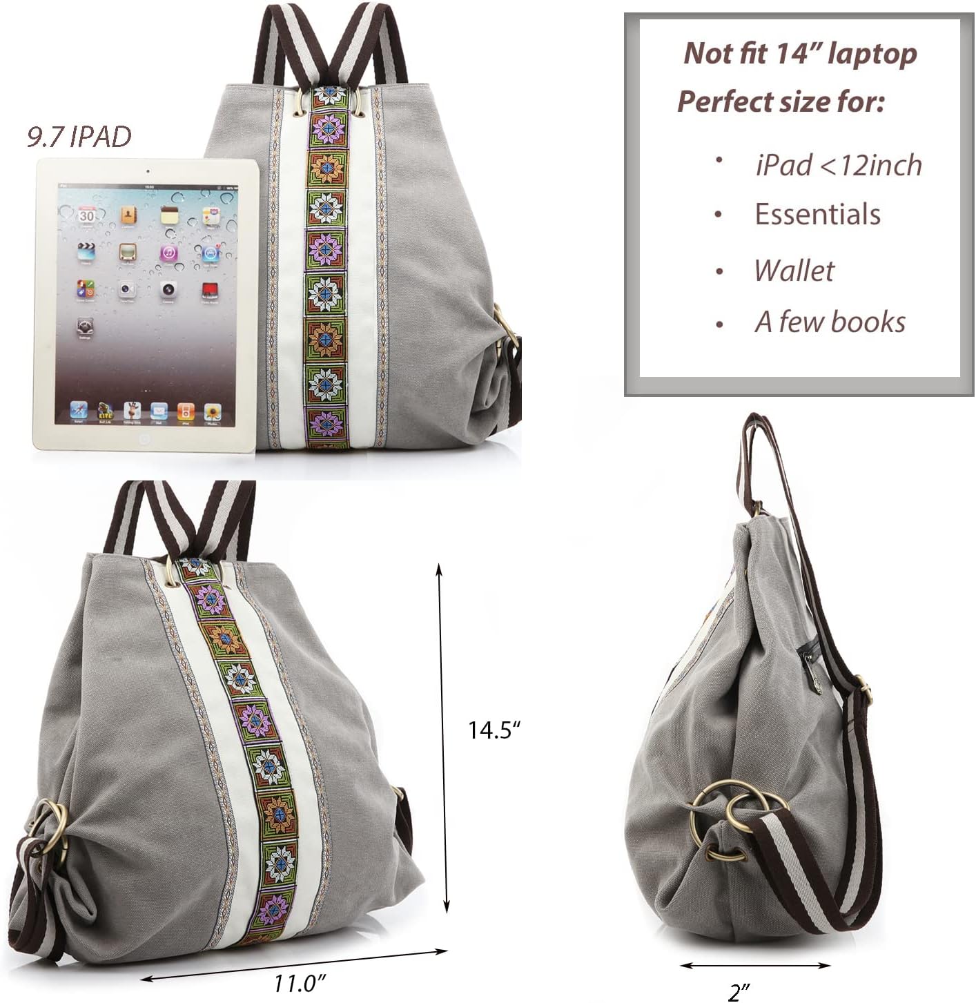 Goodhan Women Canvas Backpack Daypack Casual Shoulder Bag, Vintage Heavy-duty Anti-theft Travel Backpack, Light Grey