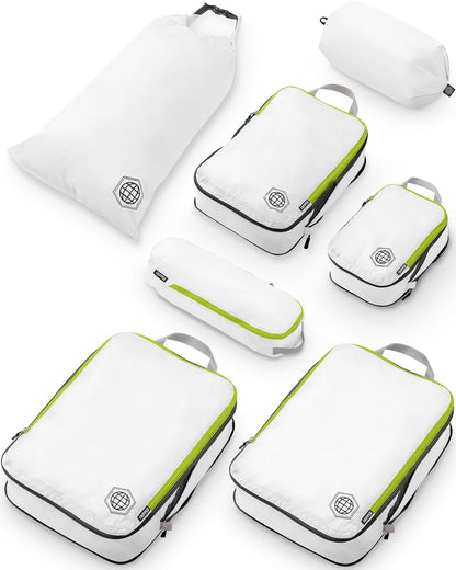 Large Compression Packing Cubes for Travel-Packing Cube Luggage Organizers 7 Piece Set for Checked Luggage-Ultralight, Expandable/Compression Bags by TRIPPED Travel Gear (White/Green)
