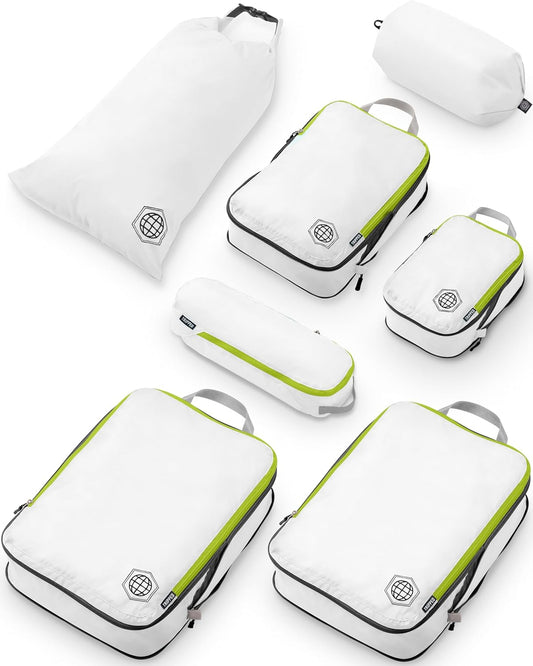 Large Compression Packing Cubes for Travel-Packing Cube Luggage Organizers 7 Piece Set for Checked Luggage-Ultralight, Expandable/Compression Bags by TRIPPED Travel Gear (White/Green)