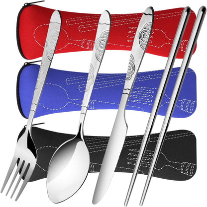 3 Pack Reusable Flatware Sets Knife, Fork, Spoon, Chopsticks, 12Pcs Portable Travel Stainless Steel Tableware Dinnerware with Carrying Case