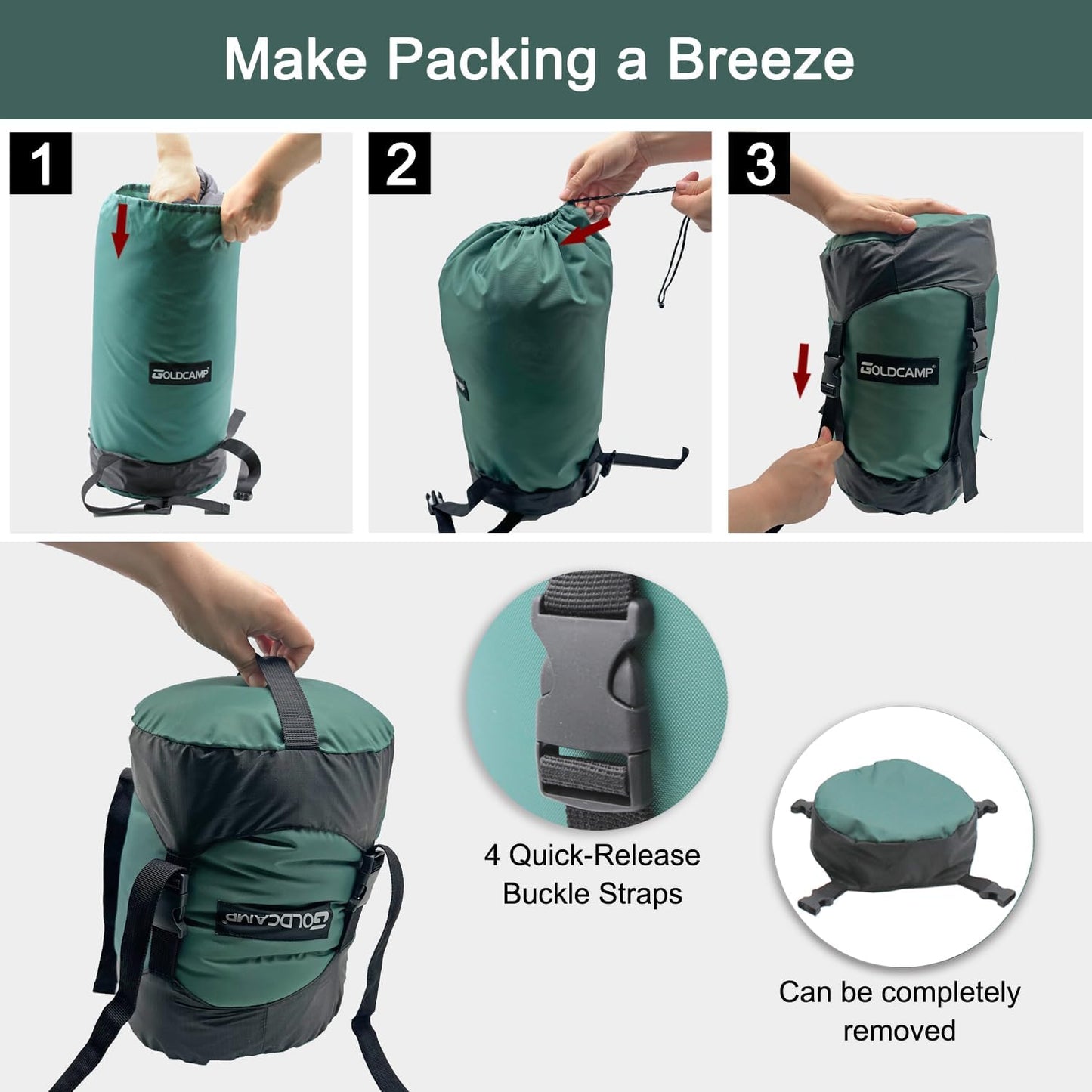 GoldCamp Compression Sack, 40% More Storage! 18L/30L/43L/49L/65L Compression Stuff Sack, Waterproof & Ultralight Sleeping Bag Stuff Sack - Space Saving Gear for Camping, Hiking (Green, XXXL)